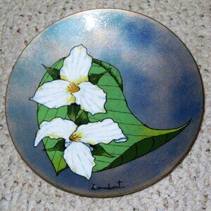 Vintage MCM Studio Art Copper Enamel Dish Plate LAMBERT Floral Flower Trillium